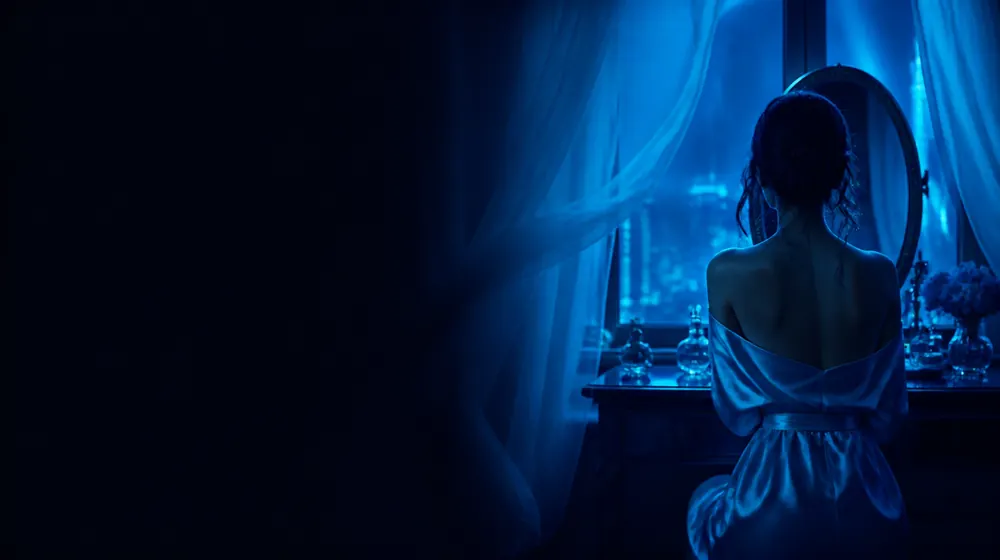 Sheer OnlyFans creators — woman in a silk robe at an elegant dressing table, gauze curtains breathing in the night air