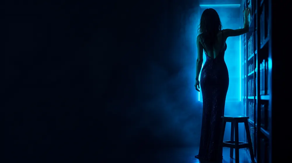 Short OnlyFans creators — woman in a fitted evening dress in neon rim light, a step stool waiting by the tall shelf