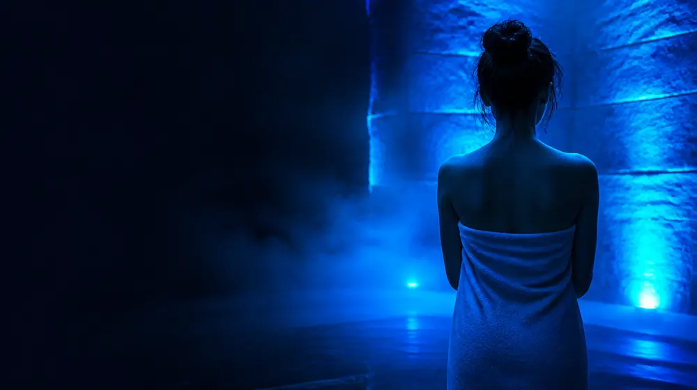 Shower OnlyFans creators — woman wrapped in a towel in a steamy glowing spa