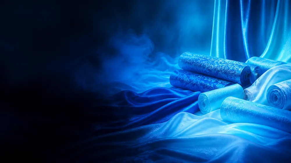 Silk OnlyFans creators — silk fabric rippling in cool blue light, silk bolts unrolled across the table