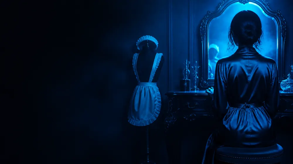 Sissy OnlyFans creators — woman in a silk robe at an elegant dressing table, a maid apron and headband on the stand