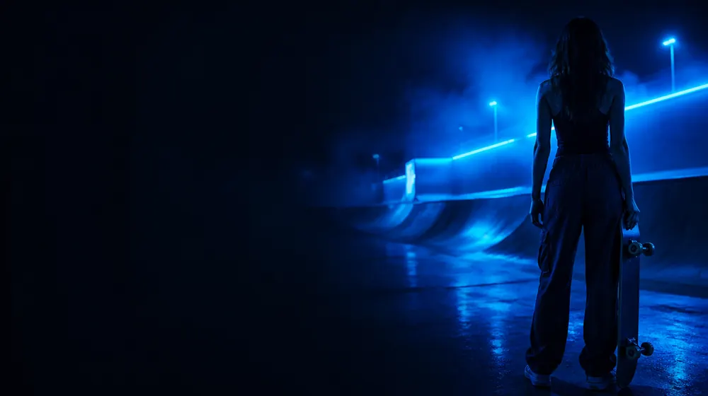 Skater OnlyFans creators — woman with a skateboard in a neon-lit skate park