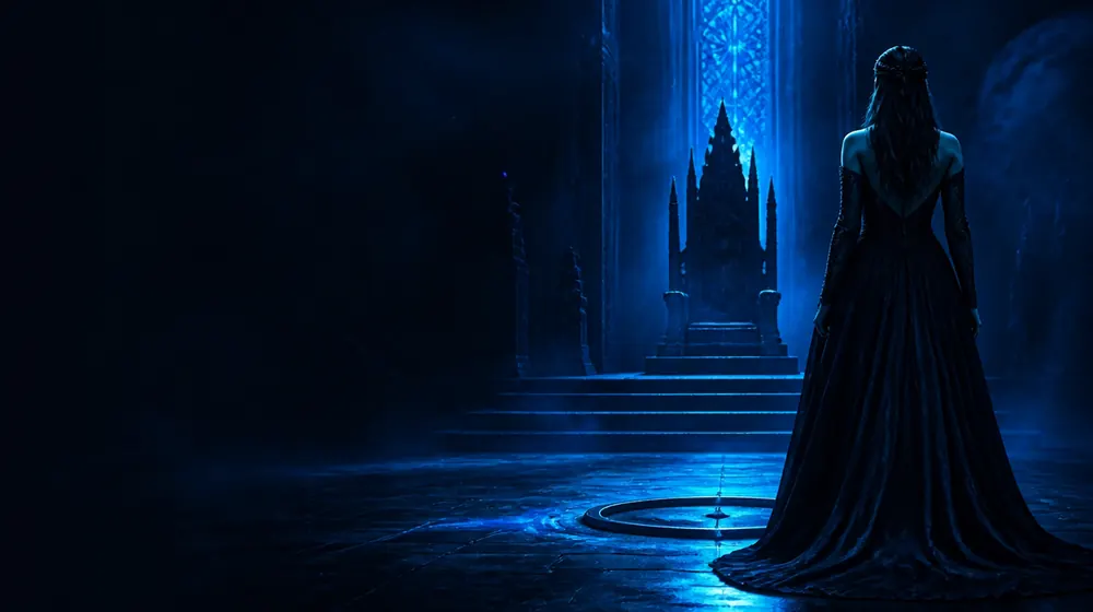 Slave OnlyFans creators — woman in a black gown before a throne in blue light, an iron ring set into the stone floor