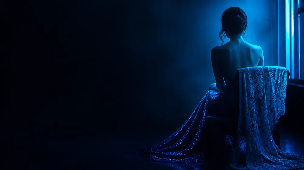 Small Tits OnlyFans creators — woman in a fitted evening dress in neon rim light, a lace bralette laid over the chair back