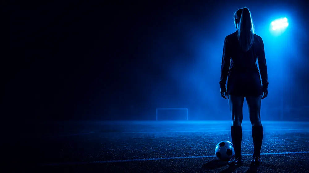 Soccer OnlyFans creators — woman with a soccer ball on a floodlit night pitch