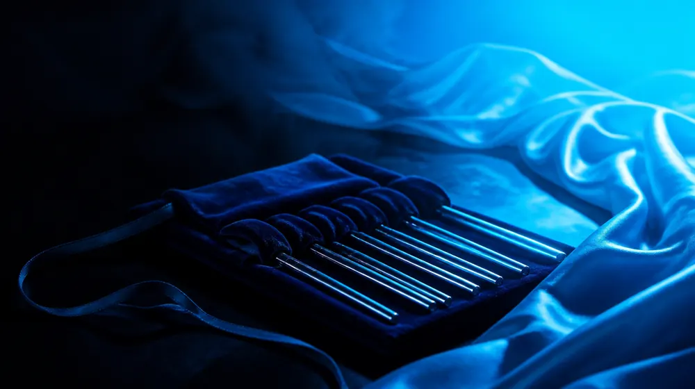 Sounding OnlyFans creators — silk fabric rippling in cool blue light, steel rods in a velvet roll on the table