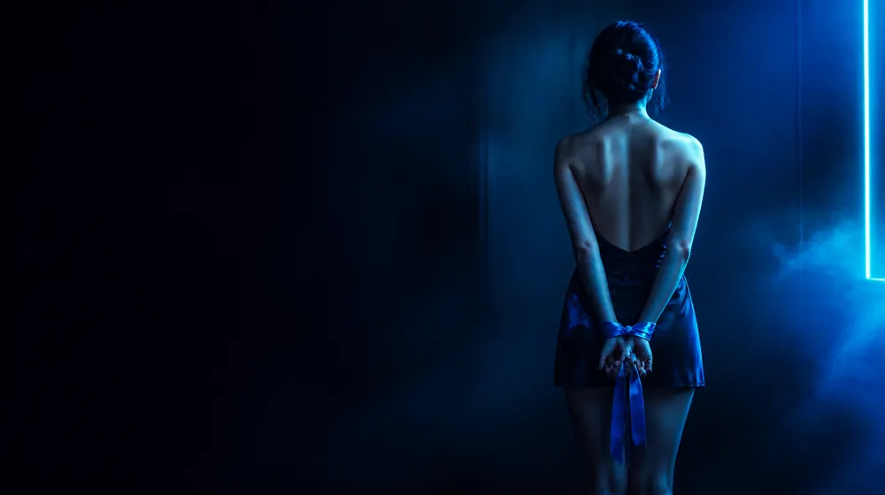 Spanking OnlyFans creators — woman with a silk ribbon around her wrists in neon light