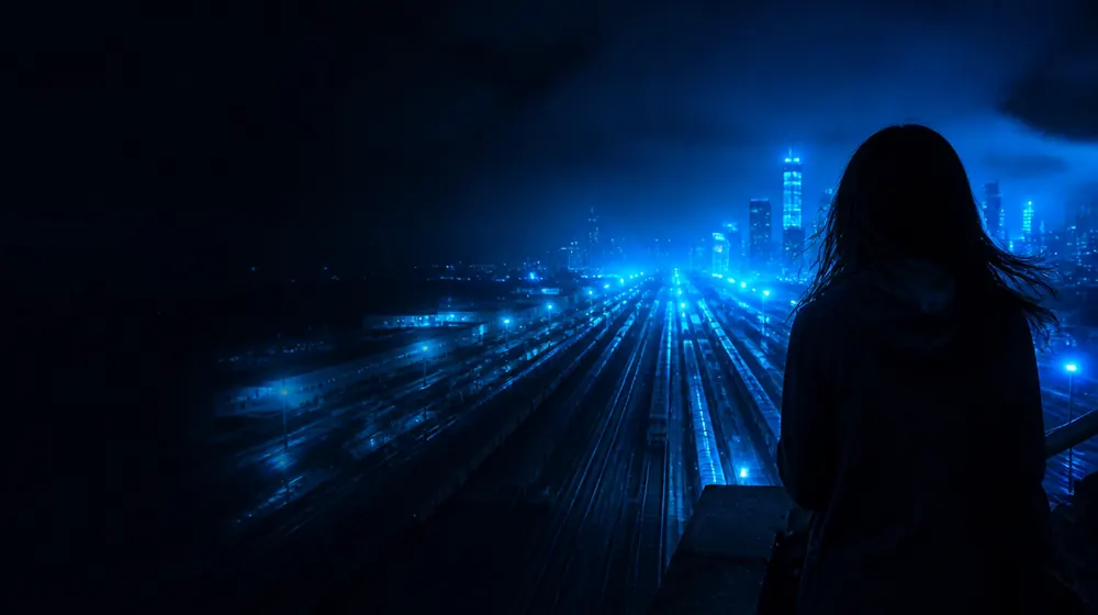 Spartanburg OnlyFans creators — woman on a rooftop overlooking a glowing skyline, railway lines converging toward the depot