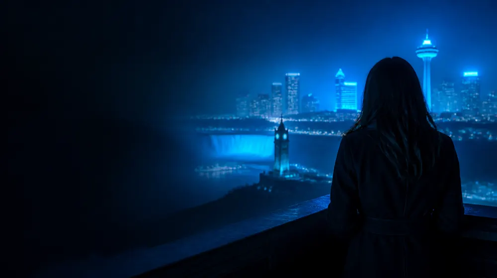 Spokane OnlyFans creators — woman on a rooftop overlooking a glowing skyline, a riverside clock tower above the falls