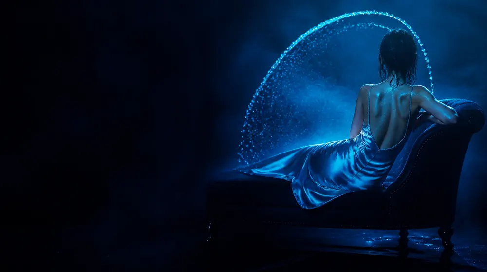 Squirting OnlyFans creators — woman in a silk slip dress reclining on a chaise longue, an arc of water catching the neon light