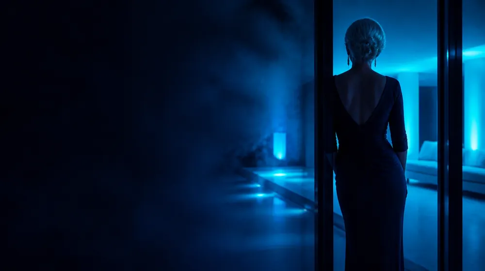 Stepmom OnlyFans creators — elegant woman in the doorway of a modern home at night