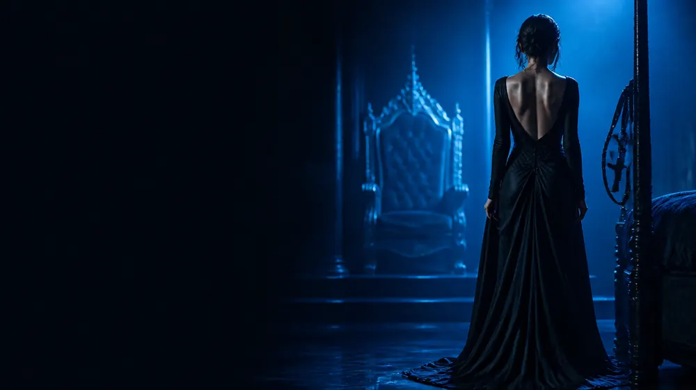 Strap On OnlyFans creators — woman in a black gown before a throne in blue light, a harness hung on the bedpost