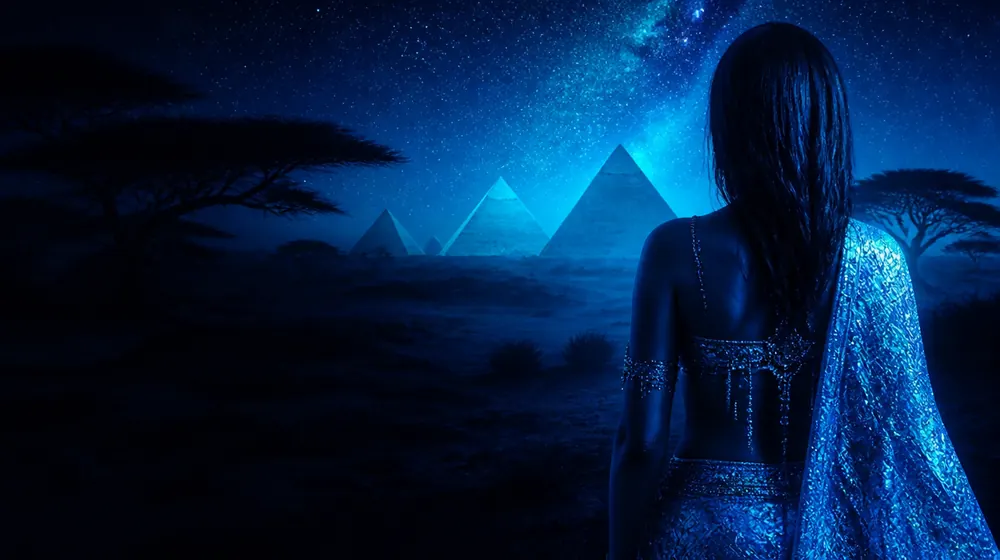 Sudanese OnlyFans creators — woman before acacia silhouettes on a starlit savanna, steep-sided desert pyramids under the stars