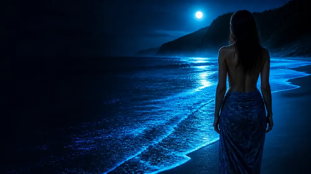 Авторы OnlyFans в нише Sunshine Coast — женщина в саронге на залитом лунным светом пляже со светящимся прибоем, золотистый прибой катится под мысом