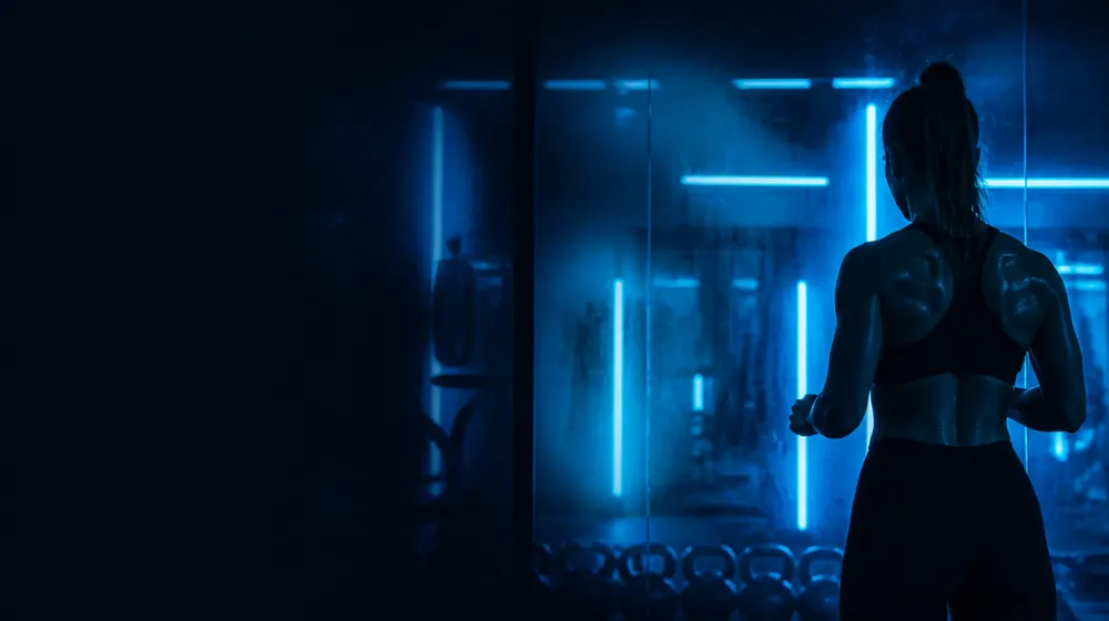 Sweat OnlyFans creators — athlete training in a neon-lit gym, sweat-misted glass wall of the studio