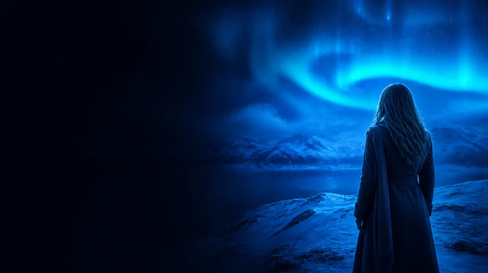 Swedish OnlyFans creators — woman beneath aurora lights over a snowy ridge, a gamla-stan alley of tall gabled houses