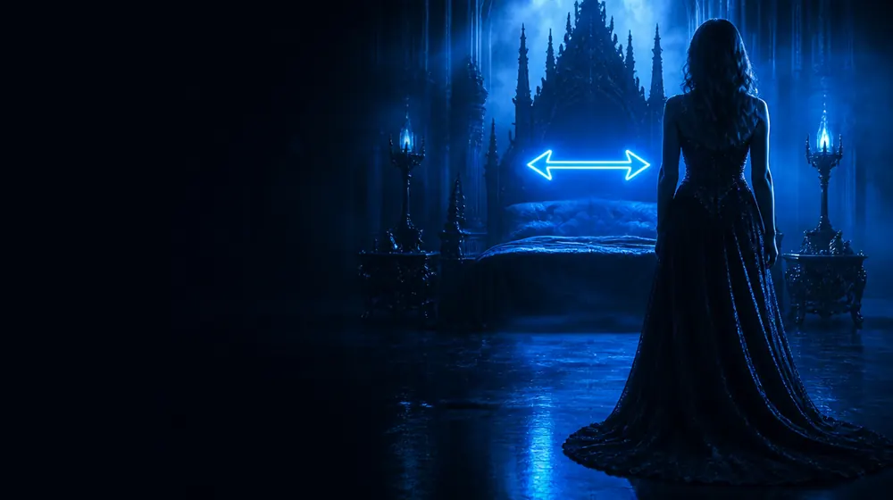 Switch OnlyFans creators — woman in a black gown before a throne in blue light, a double-ended arrow neon over the bed
