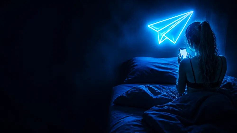 Telegram OnlyFans creators — woman on a bed lit by a smartphone glow, a paper-plane neon sign over the bed