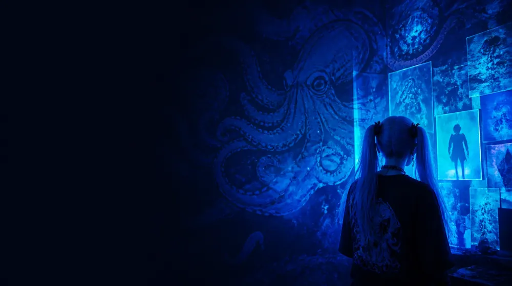 Tentacle OnlyFans creators — woman with twin-tail hair in a glowing poster-lined room, a kraken mural sprawling across the wall