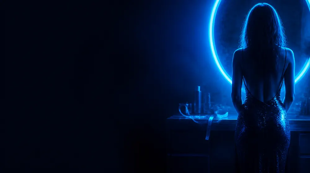 Thickest OnlyFans creators — woman in a fitted evening dress in neon rim light, a golden tape measure curled on the vanity