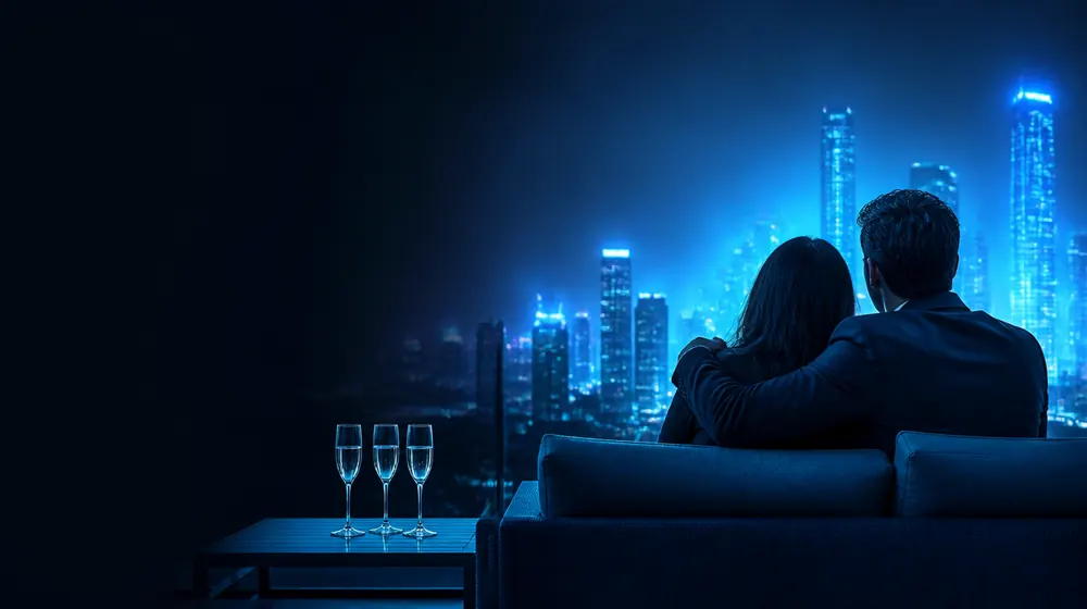 Threesome OnlyFans creators — couple embracing on a rooftop above a glowing city, three champagne flutes on the low table