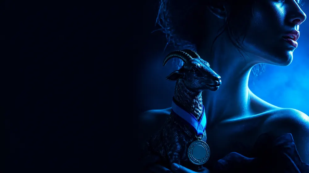 Throat Goat OnlyFans creators — profile of parted lips in blue rim light, a goat statuette wearing a gold medal