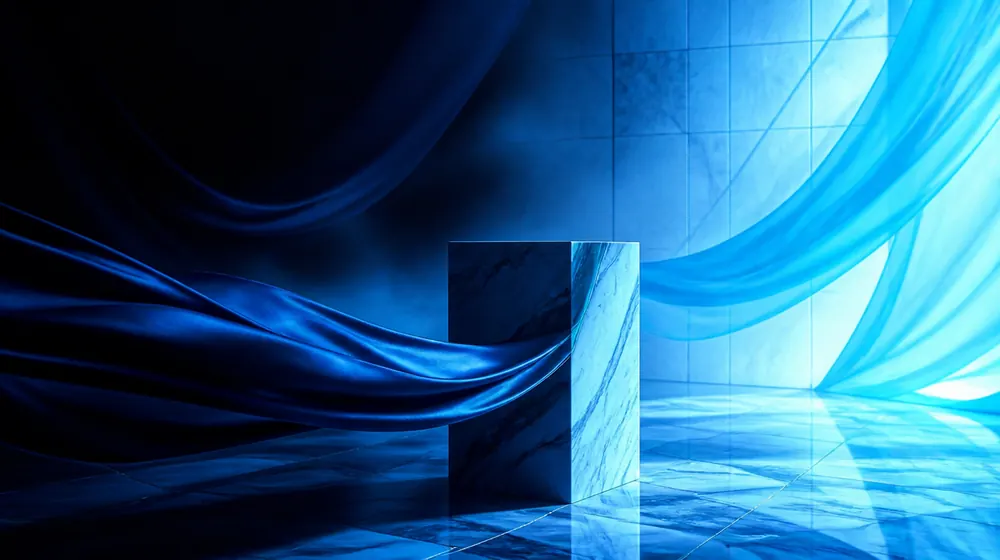 Toilet Slave OnlyFans creators — silk fabric rippling in cool blue light, a marble pedestal in the tiled chamber