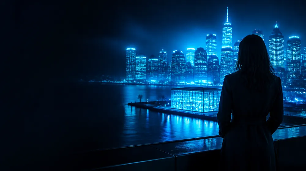 Toledo Ohio OnlyFans creators — woman on a rooftop overlooking a glowing skyline, a glassworks pavilion glowing by the river