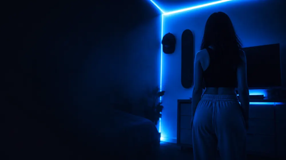 Tomboy OnlyFans creators — young woman in a bedroom lined with LED lights, a skate deck and cap hung on the wall