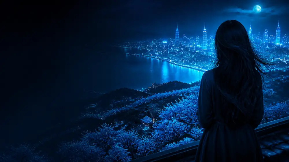 Traverse City OnlyFans creators — woman on a rooftop overlooking a glowing skyline, cherry orchards sloping to the moonlit bay