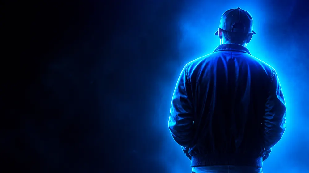 Twink OnlyFans creators — young man in a bomber jacket and cap under blue neon