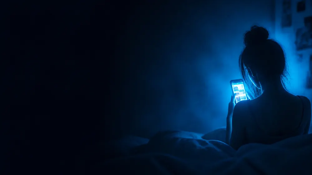 Twitter OnlyFans creators — woman on a bed lit by a smartphone glow, a feed of glowing posts scrolling past