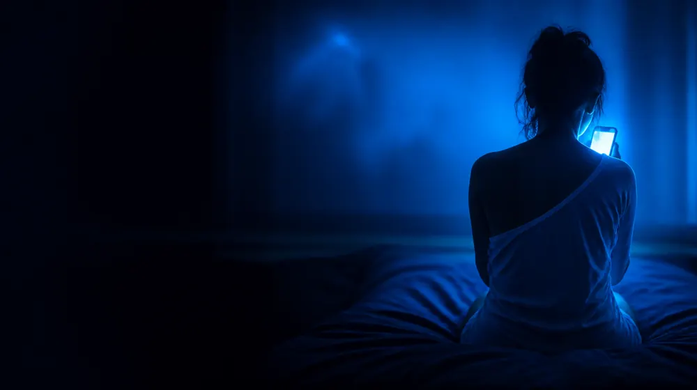 Unfiltered OnlyFans creators — woman on a bed lit by a smartphone glow, a bare phone lens with no ring light