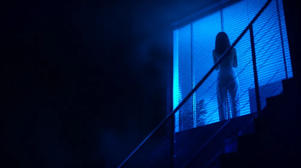 Upskirt OnlyFans creators — view through window blinds toward a lit apartment, a staircase seen from below the railing