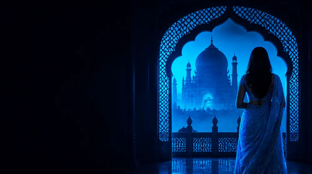 Urdu OnlyFans creators — woman in a sari before a glowing jali archway, a grand mughal mosque dome and minarets