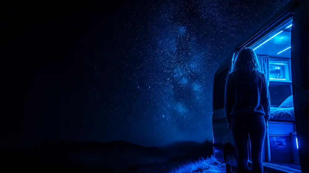 Van OnlyFans creators — woman at a camper van beneath a sea of stars