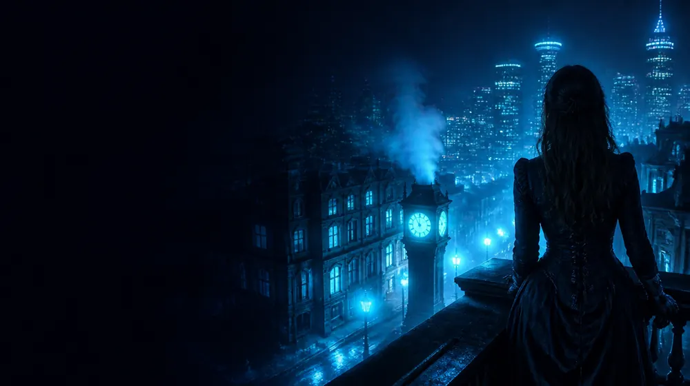 Vancouver OnlyFans creators — woman on a rooftop overlooking a glowing skyline, a steam clock puffing in the gaslit district