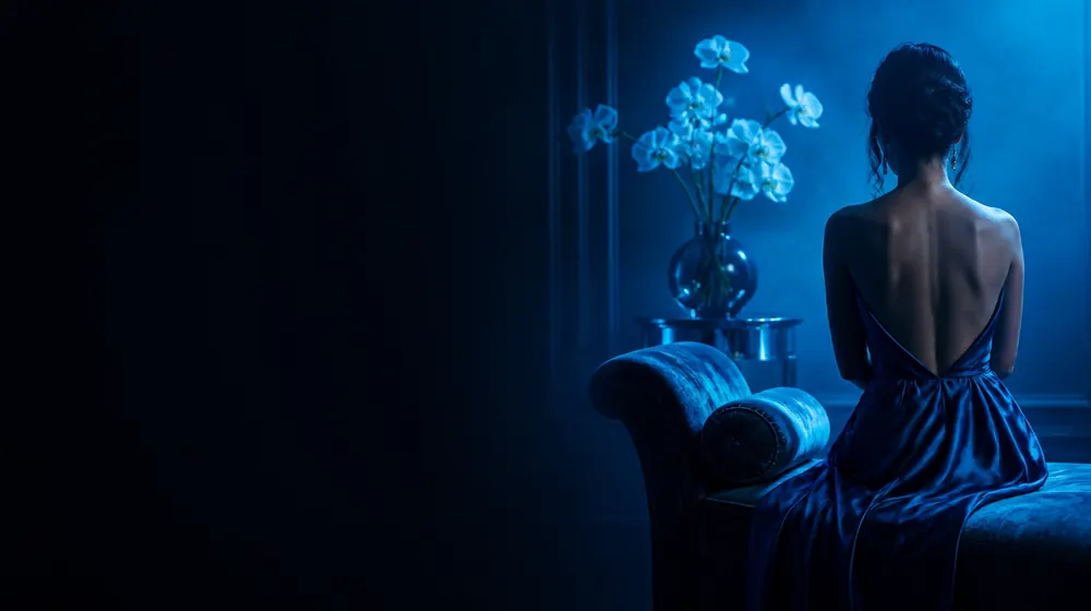 Vanilla OnlyFans creators — woman in a silk slip dress reclining on a chaise longue, vanilla orchid stems in the bedside vase