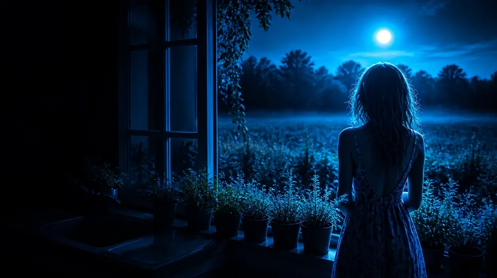 Vegan OnlyFans creators — woman in a summer dress in a moonlit meadow, potted herbs lining the kitchen window