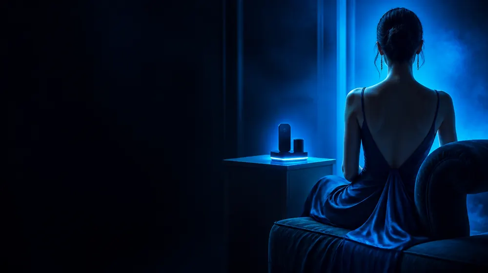 Vibrators OnlyFans creators — woman in a silk slip dress reclining on a chaise longue, a charging dock glowing on the nightstand