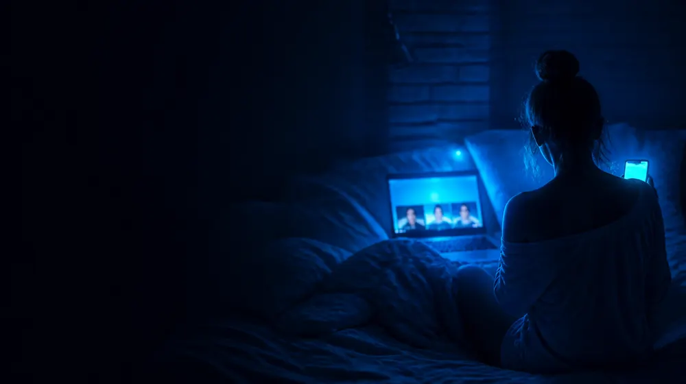 Video Call OnlyFans creators — woman on a bed lit by a smartphone glow, a laptop call window lighting the pillows
