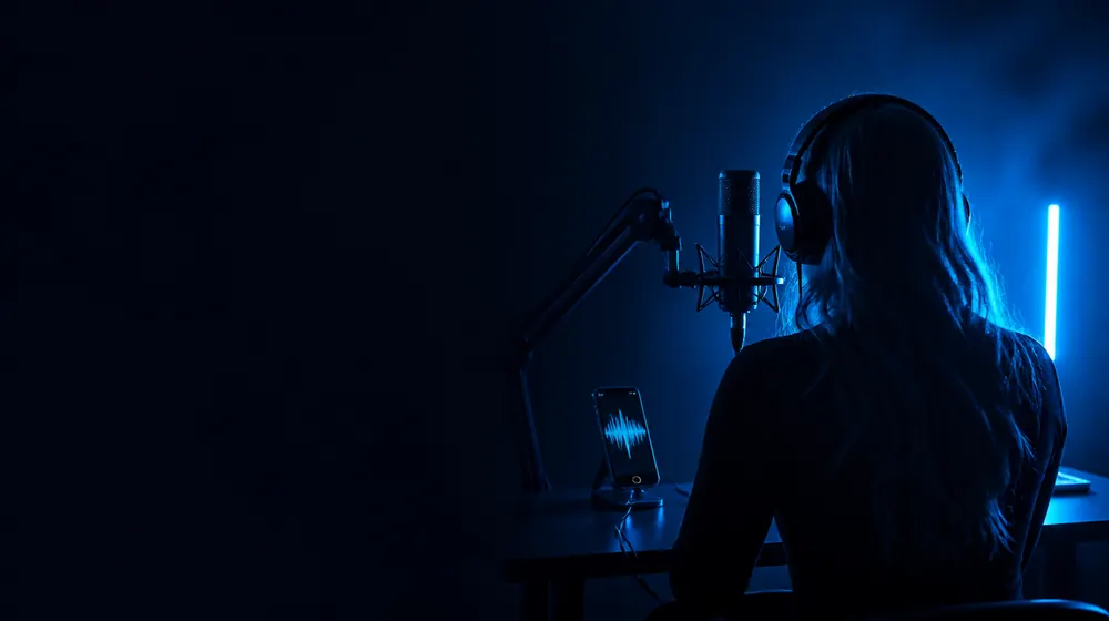 Voice Message OnlyFans creators — woman with headphones at a glowing microphone desk, a waveform dancing on the phone screen