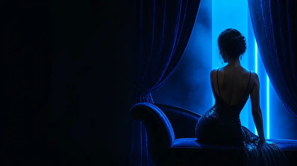 Voluptuous OnlyFans creators — woman in a fitted evening dress in neon rim light, velvet drapes framing the chaise