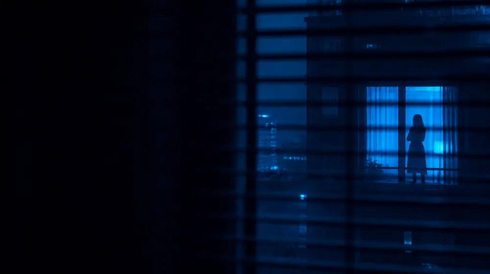 Voyeur OnlyFans creators — view through window blinds toward a lit apartment