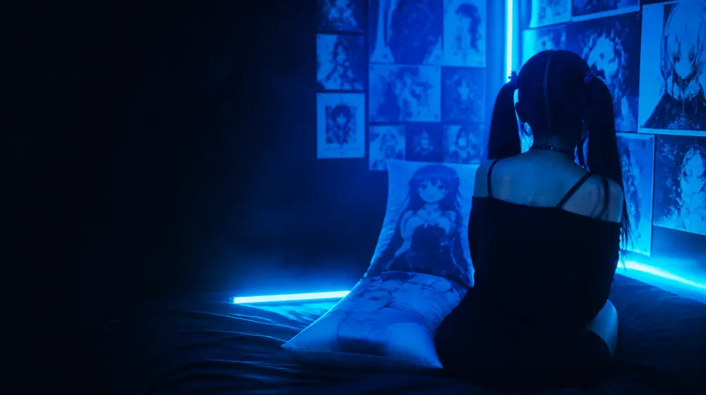 Kreator OnlyFans Waifu — wanita berambut twin-tail di ruangan berhias poster yang bercahaya, bantal guling tersandar di ranjang neon