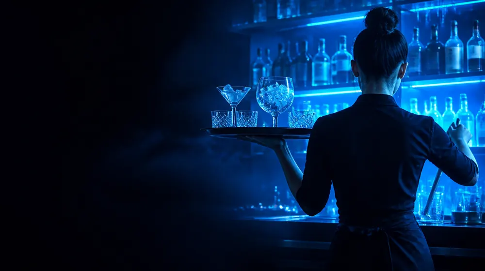 Waitress OnlyFans creators — bartender mixing a drink at a backlit bar, a loaded serving tray balanced on one hand