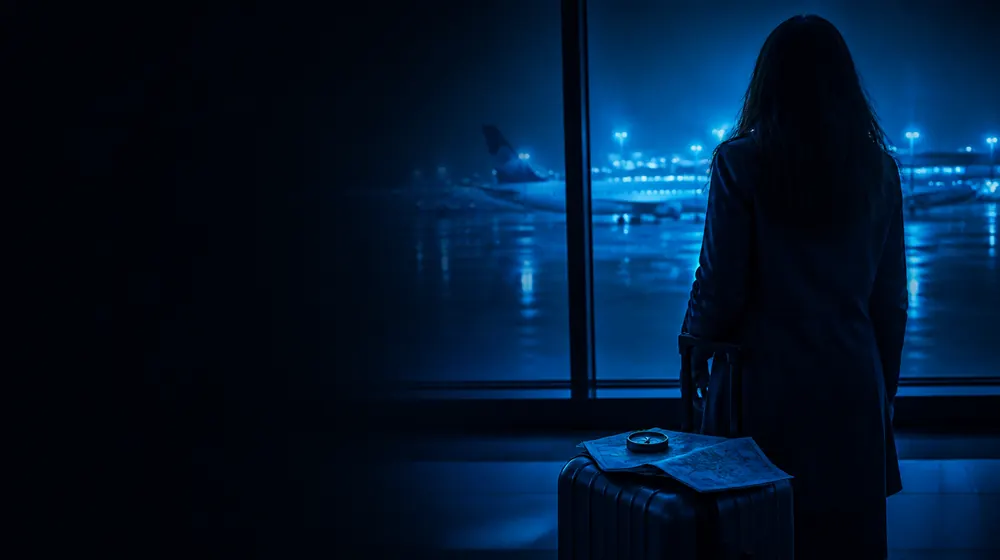 Wanderlust OnlyFans creators — woman with a suitcase at an airport window at night, a compass and folded maps on the suitcase