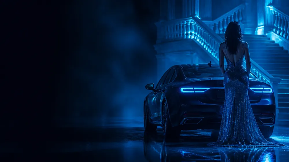 Wealthy OnlyFans creators — woman in an evening gown beside a luxury car at night, a marble staircase sweeping behind the car