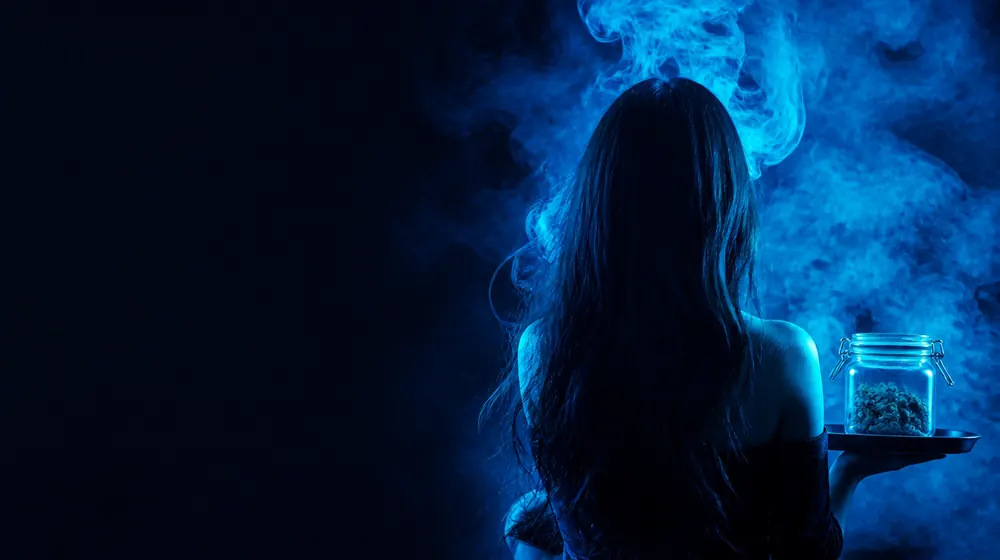 Weed OnlyFans creators — silhouette with elegant smoke swirls in neon light, a rolled leaf-free herb jar on the tray