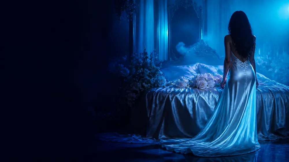 White OnlyFans creators — woman in a silk slip dress reclining on a chaise longue, white silk and pale roses dressing the bed